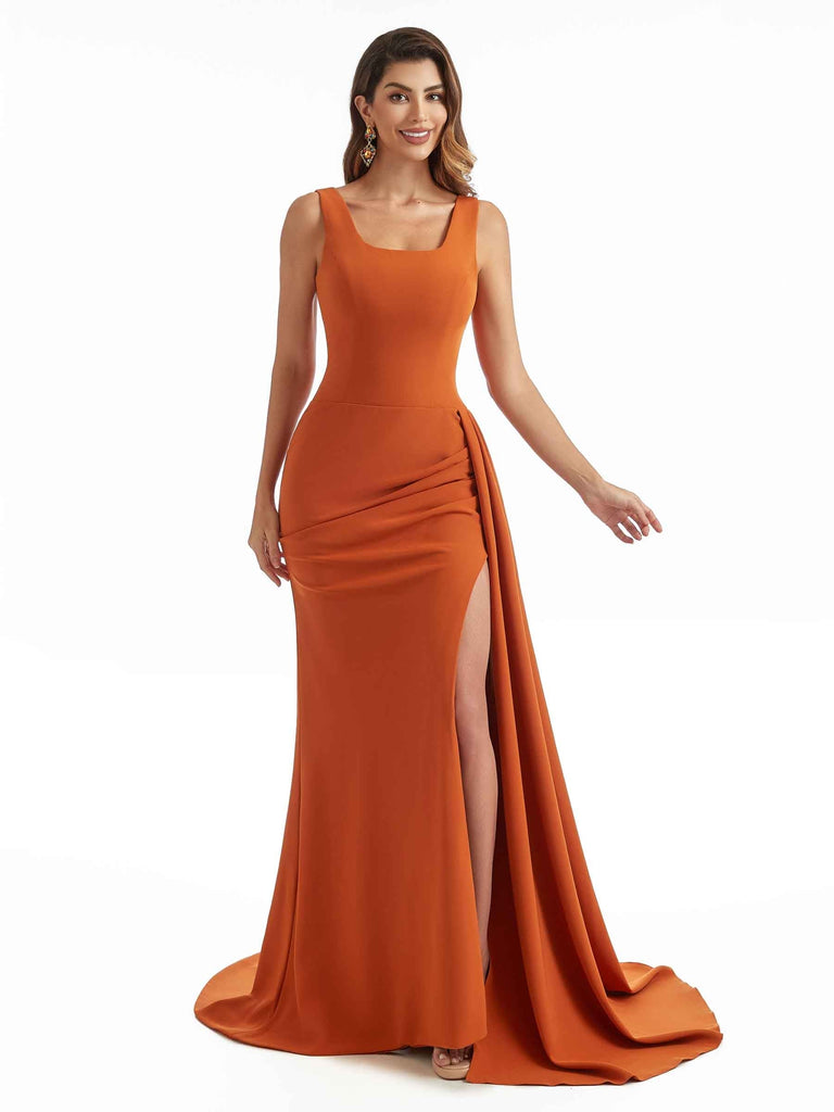 Sexy Side Split Mermaid Square Neckline Stretchy Crepe Long Formal Bridesmaid Dresses