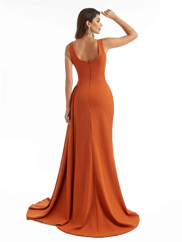 Sexy Side Split Mermaid Square Neckline Stretchy Crepe Long Formal Bridesmaid Dresses