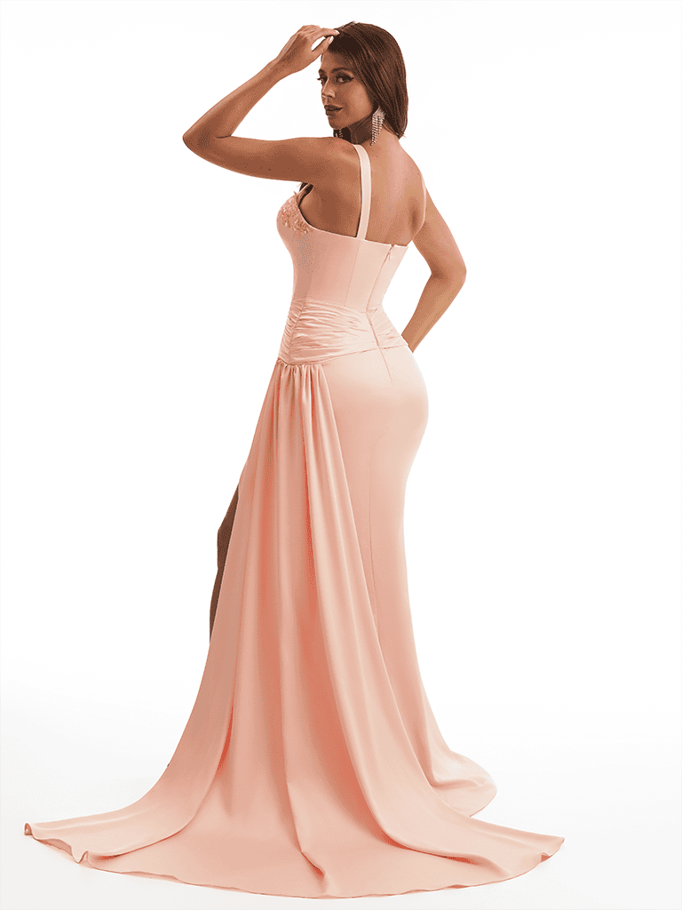 Sexy One Shoulder Side Slit Mermaid Soft Satin Long Bridesmaid Dresses Online