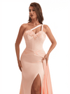 Sexy One Shoulder Side Slit Mermaid Soft Satin Long Bridesmaid Dresses Online