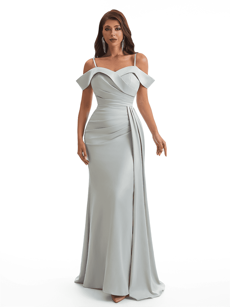Sexy Cold Shoulder Side Slit Mermaid Soft Satin Long Bridesmaid Dresses Online