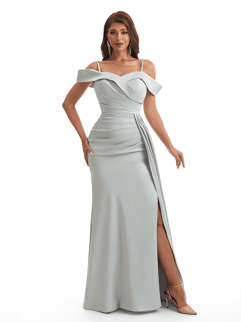 Sexy Cold Shoulder Side Slit Mermaid Soft Satin Long Bridesmaid Dresses Online