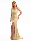 Sexy Stretchy Satin One Shoulder Long Mermaid Maid of Honor Dresses Side Split