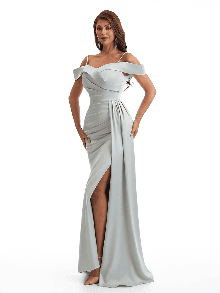 Sexy Cold Shoulder Side Slit Mermaid Soft Satin Long Bridesmaid Dresses Online