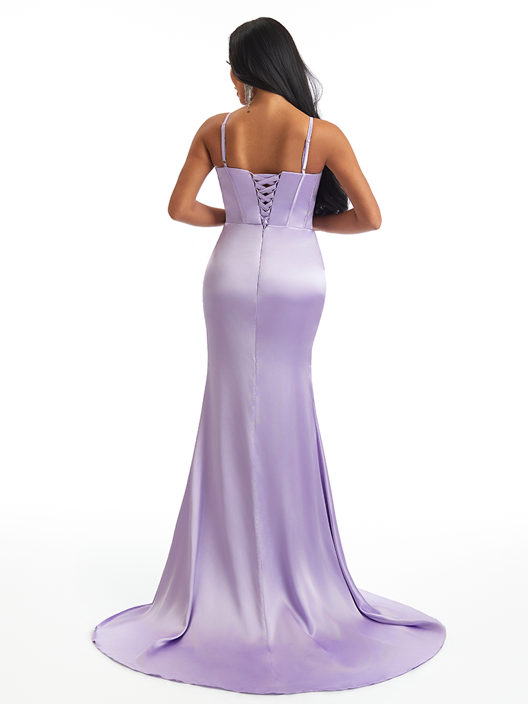 Sexy Spaghetti Straps V-Neck Side Split Mermaid Soft Satin Long Bridesmaid Dresses