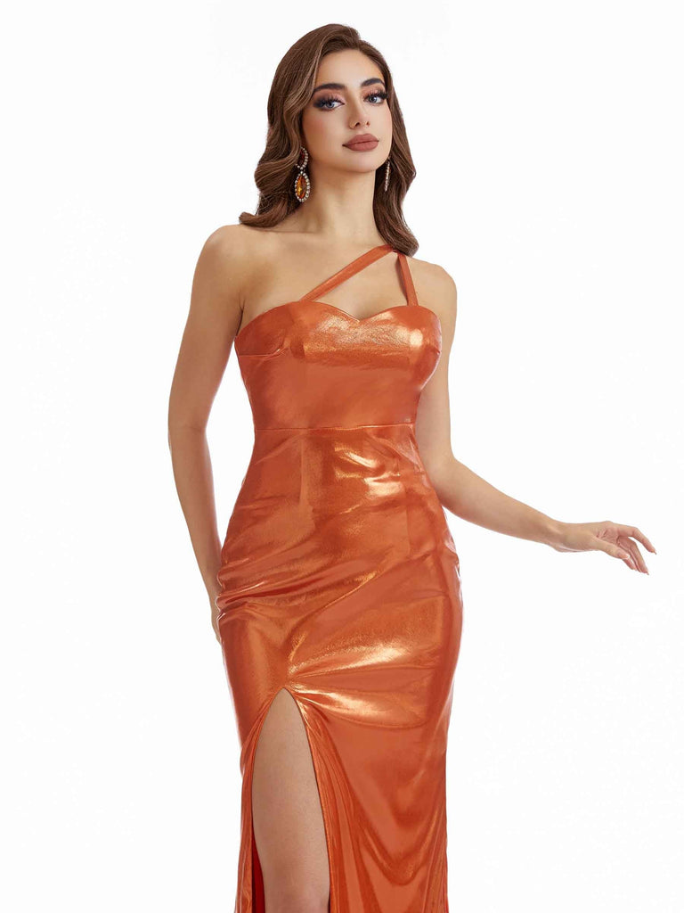 Sexy Spaghetti Strap Mermaid One Shoulder Metallic Stretch Shiny Fabric Long Wedding Guest Dresses