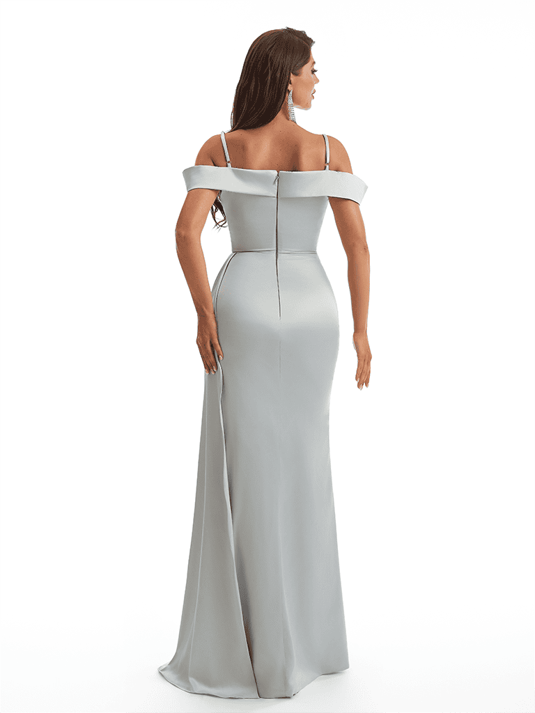 Sexy Cold Shoulder Side Slit Mermaid Soft Satin Long Bridesmaid Dresses Online