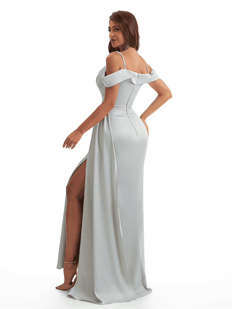 Sexy Cold Shoulder Side Slit Mermaid Soft Satin Long Bridesmaid Dresses Online