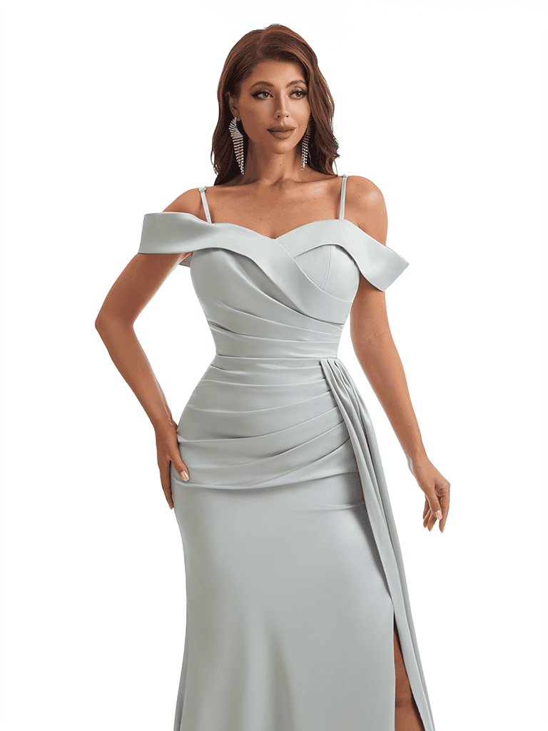 Sexy Cold Shoulder Side Slit Mermaid Soft Satin Long Bridesmaid Dresses Online