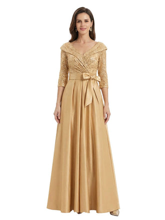 Stunning Sequin V-Neck A-Line Mother Of The Bride Satin Evening Gown