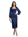 Sophisticated Square Neck Puff Sleeve Satin Sheath Mother Of The Groom Dress