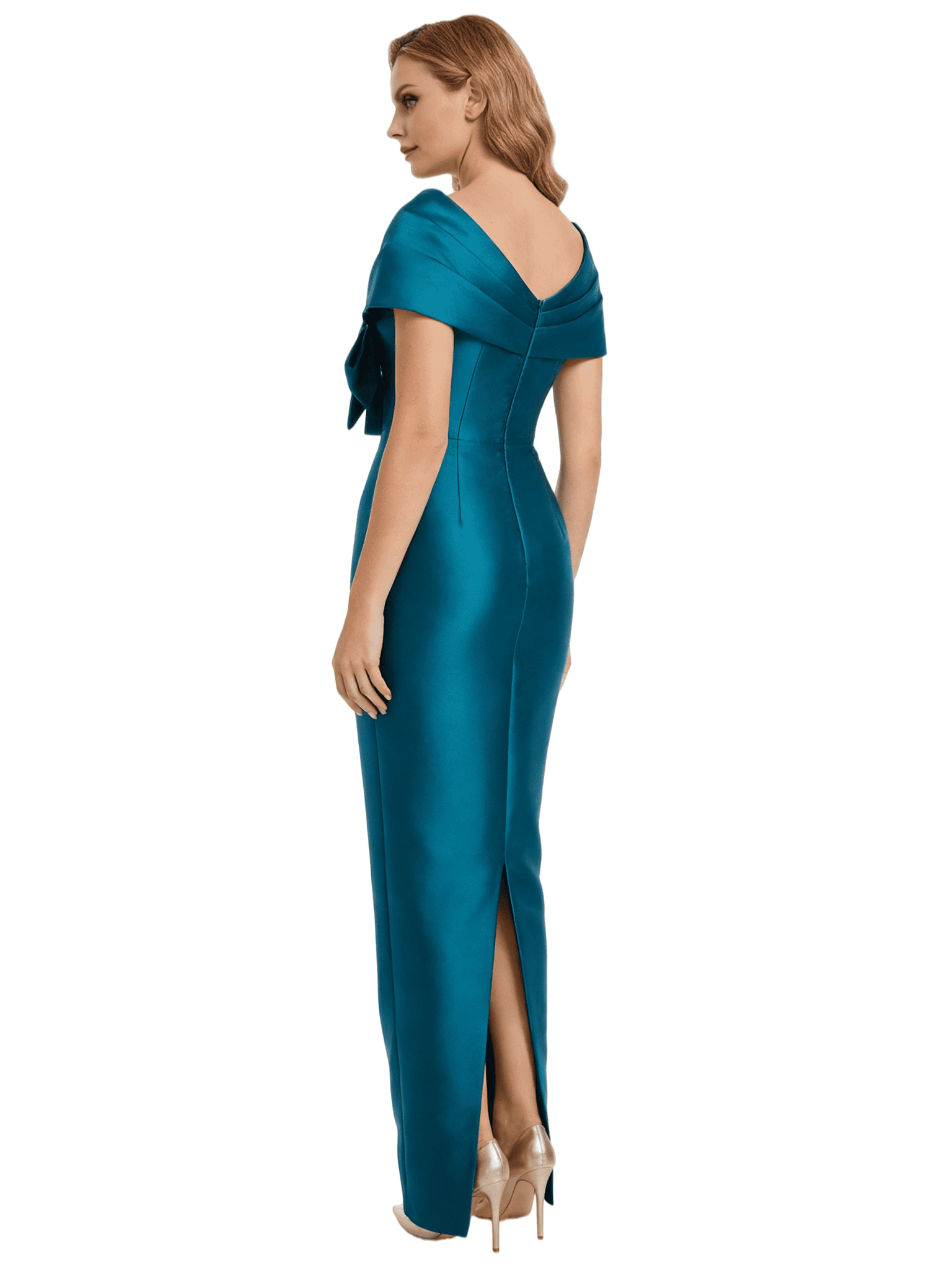 Chicsew Modern Cape Sleeves Bow Knot Satin Sheath Slit Mother Of The Bride Dress