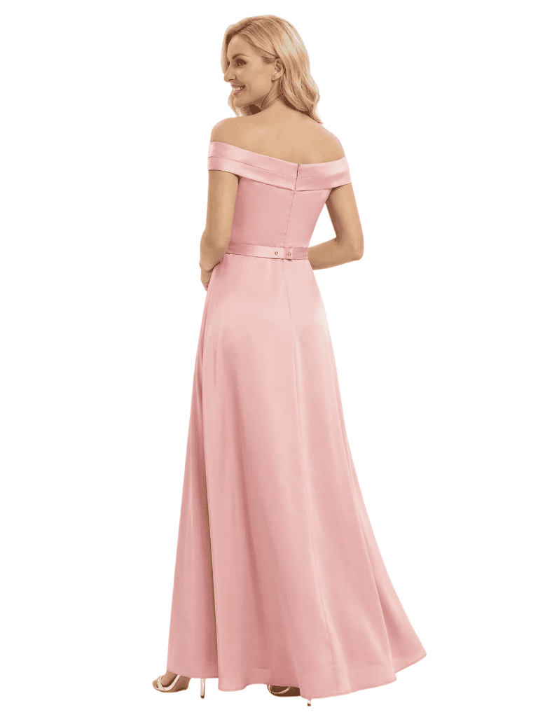 Gorgeous Mother of The Bride Dresses Off Shoulder Satin Maxi Gown With Slit Unique Ruched Buckled Formal Wedding Dress