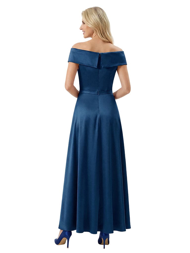 Elegant Off Shoulder A-Line Satin Mother of The Bride Dress With Pleated Crisscross Top