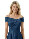 Elegant Off Shoulder A-Line Satin Mother of The Bride Dress With Pleated Crisscross Top
