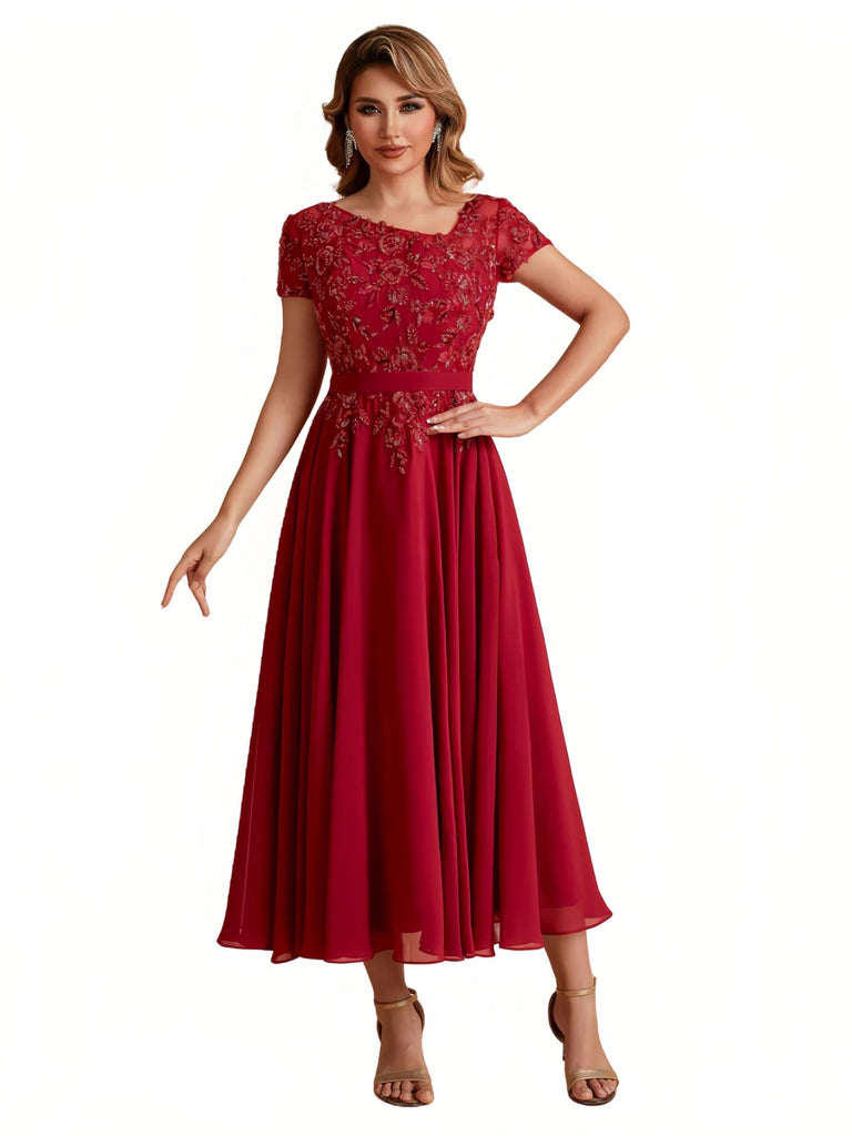 Elegant Chiffon Short Sleeves Short Midi Mother of the Brides Dresses UK Online