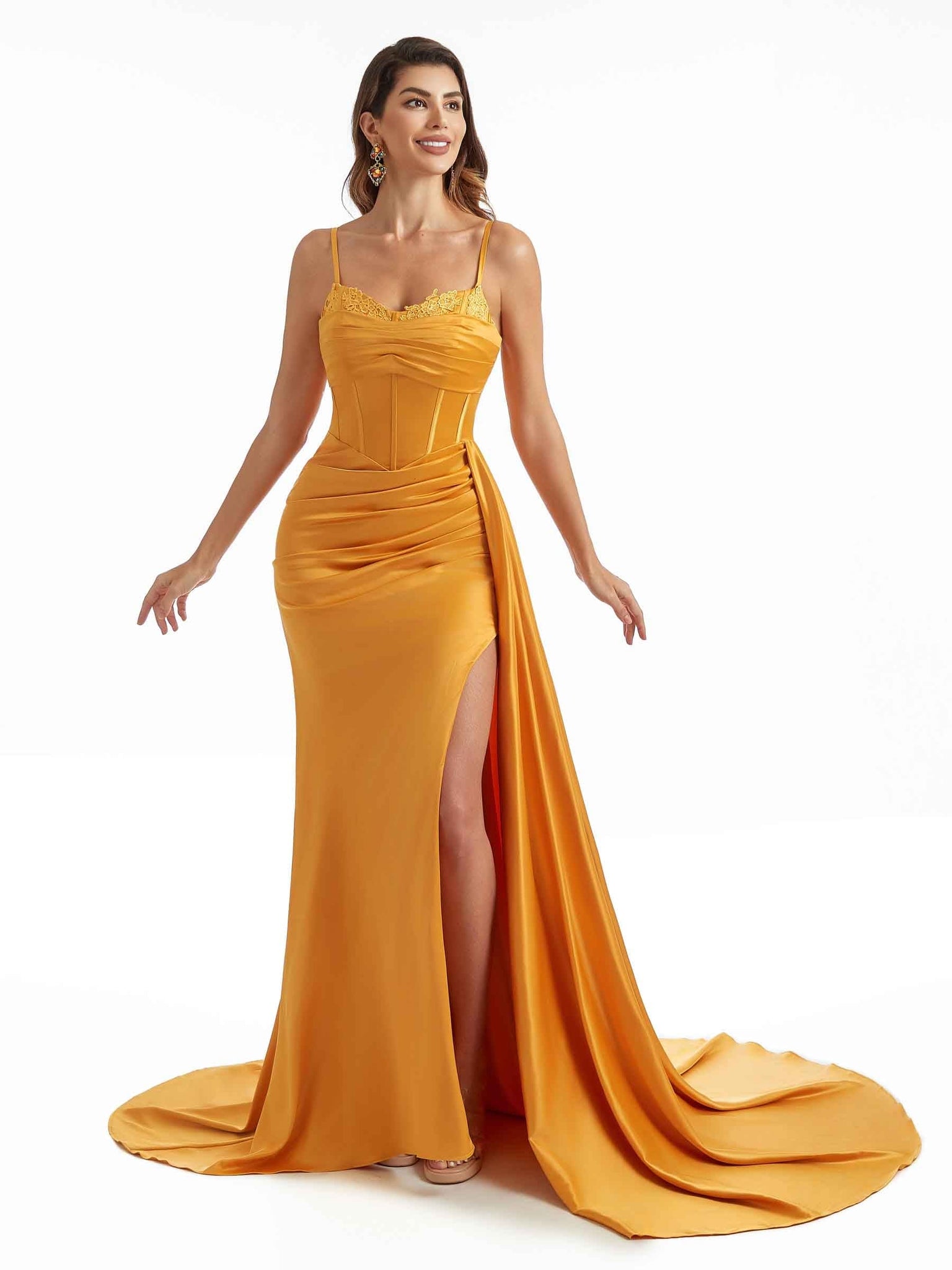 Elegant Side Split Spaghetti Straps Long Silky Satin Mermaid Bridesmaid Dresses UK Online