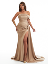 Sexy One Shoulder Side Slit Mermaid Soft Satin Long Bridesmaid Dresses Online