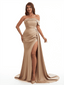 Sexy One Shoulder Side Slit Mermaid Soft Satin Long Bridesmaid Dresses Online