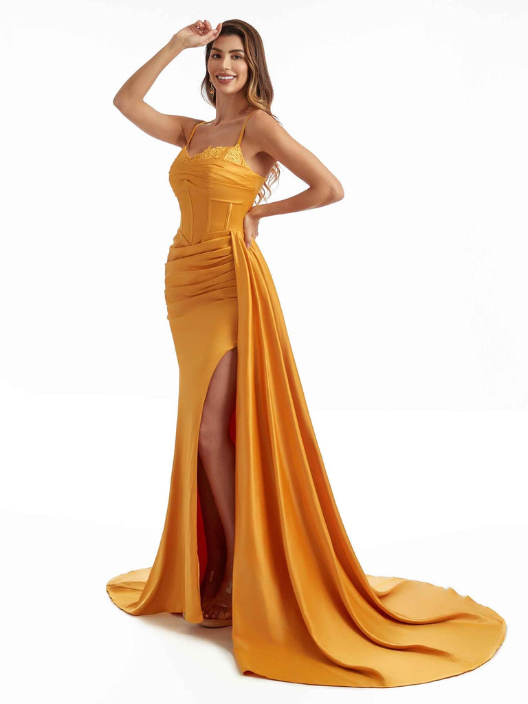 Elegant Side Split Spaghetti Straps Long Chic Satin Mermaid Bridesmaid Dresses Online