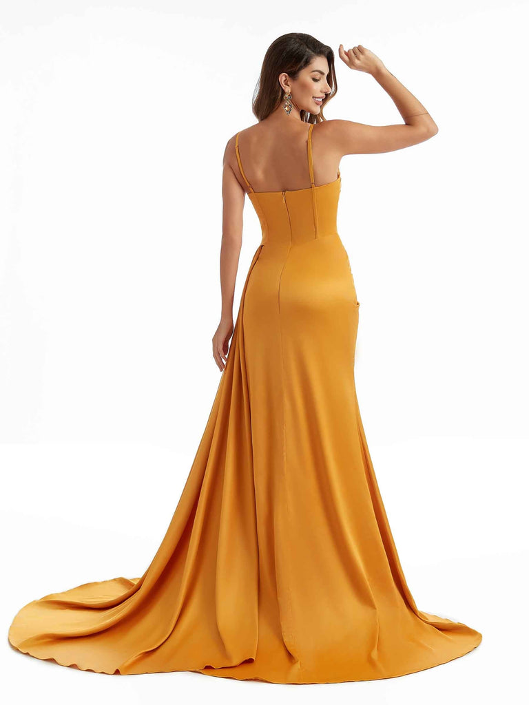 Elegant Side Split Spaghetti Straps Long Chic Satin Mermaid Bridesmaid Dresses Online