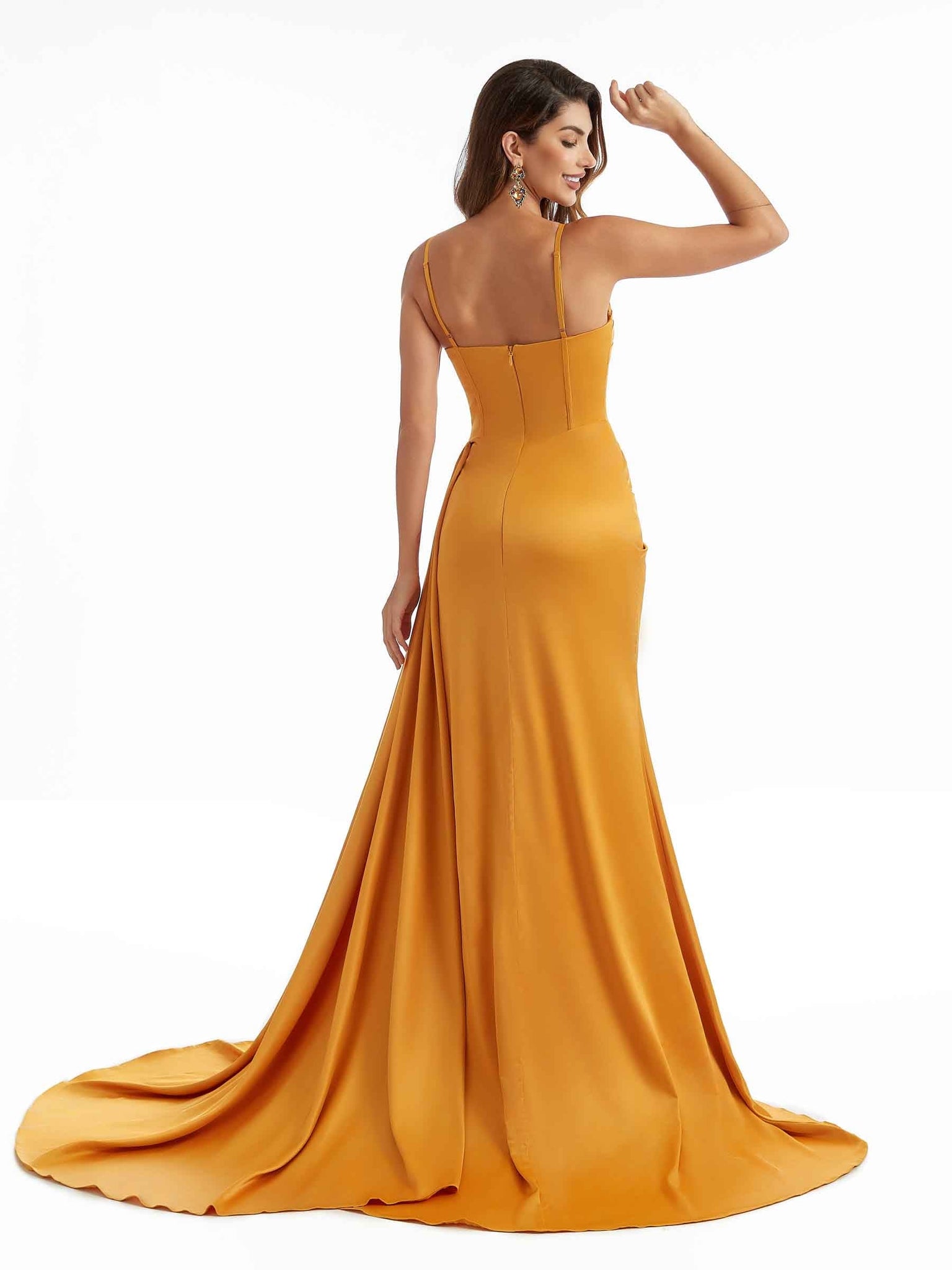 Elegant Side Split Spaghetti Straps Long Silky Satin Mermaid Bridesmaid Dresses UK Online
