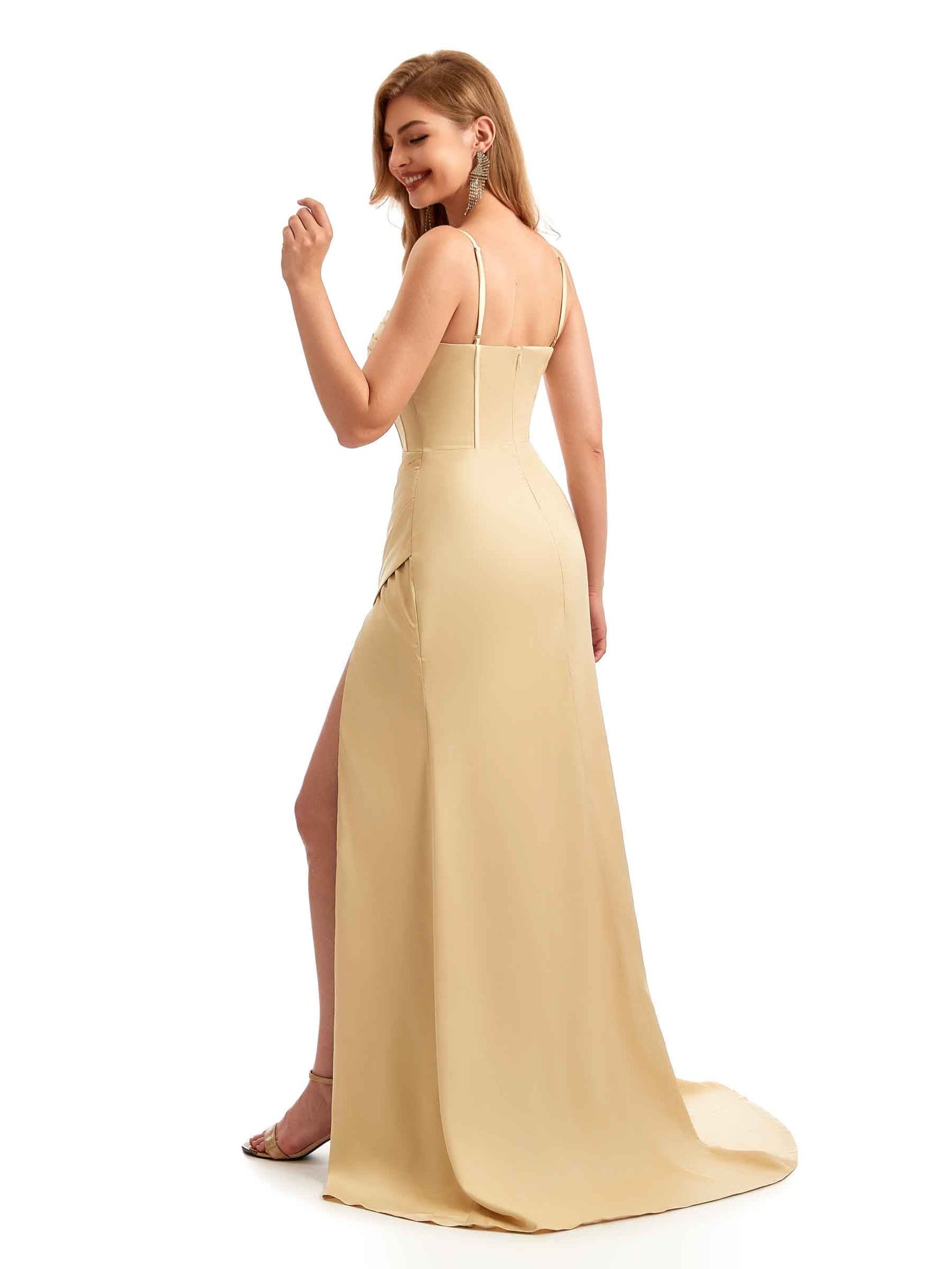 Elegant Silky Satin Spaghetti Straps Side Split Mermaid Long Bridesmaid Dresses UK