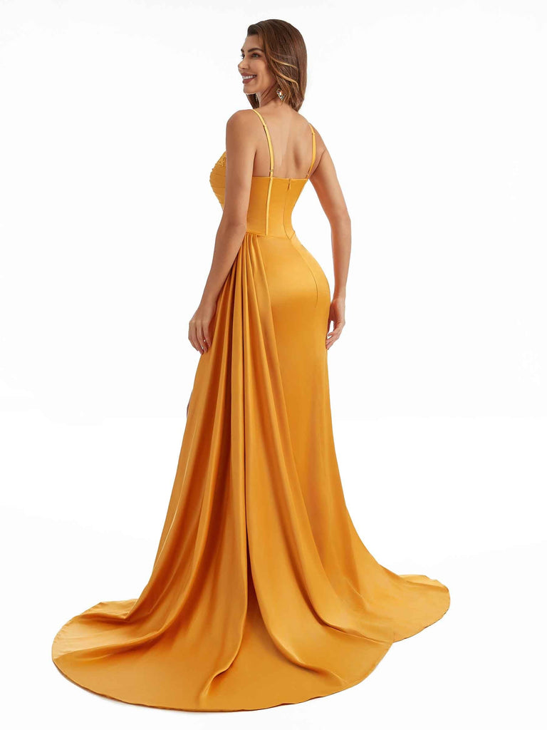 Elegant Side Split Spaghetti Straps Long Chic Satin Mermaid Bridesmaid Dresses Online