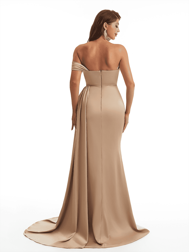 Sexy One Shoulder Side Slit Mermaid Soft Satin Long Bridesmaid Dresses Online