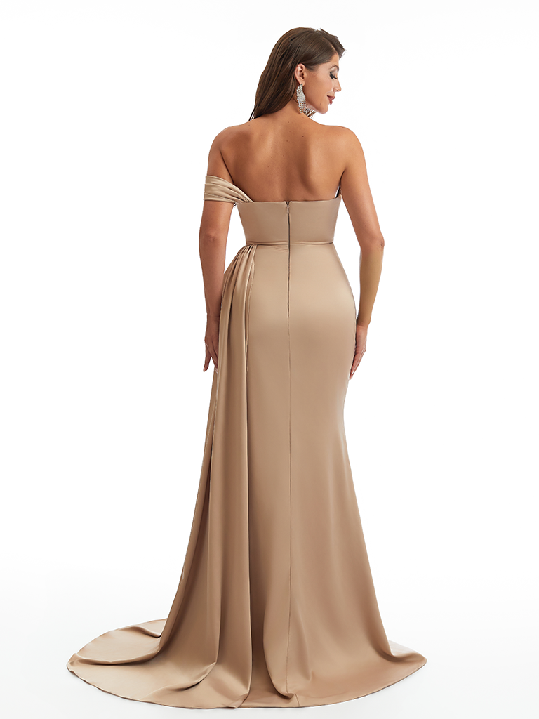 Sexy One Shoulder Side Slit Mermaid Soft Satin Long Bridesmaid Dresses Online