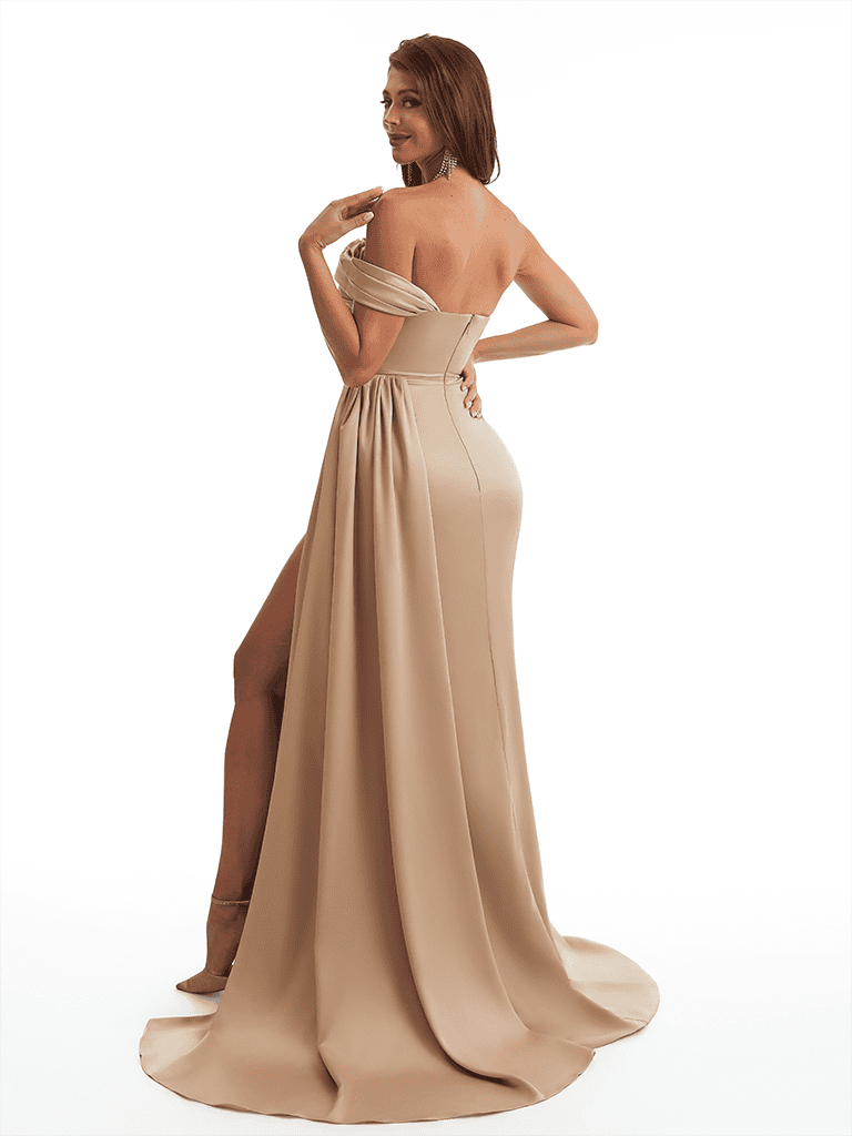 Sexy One Shoulder Side Slit Mermaid Soft Satin Long Bridesmaid Dresses Online