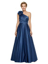 Elegant One Shoulder Satin A-Line Mother Of The Bride Gown With Unique Floral Applique