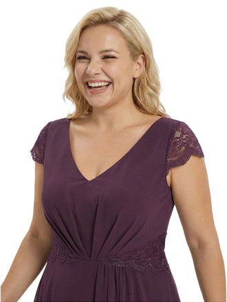 Elegant V-Neck Cap Sleeves Chiffon Sheath Mother Of The Bride Dress With Side Slit