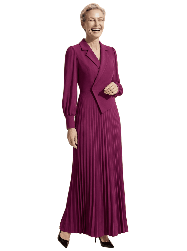 Chicsew Mother of The Bride Dress Blazer Neck Long Sleeve Pleated Crepe Maxi Gown Classy Elegant Design