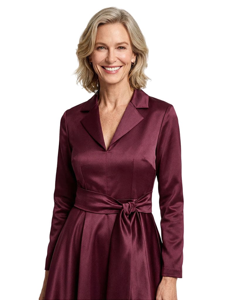 Classy V-Neck Long Sleeves Satin Mother of The Bride Dress With Sash Tie Waist