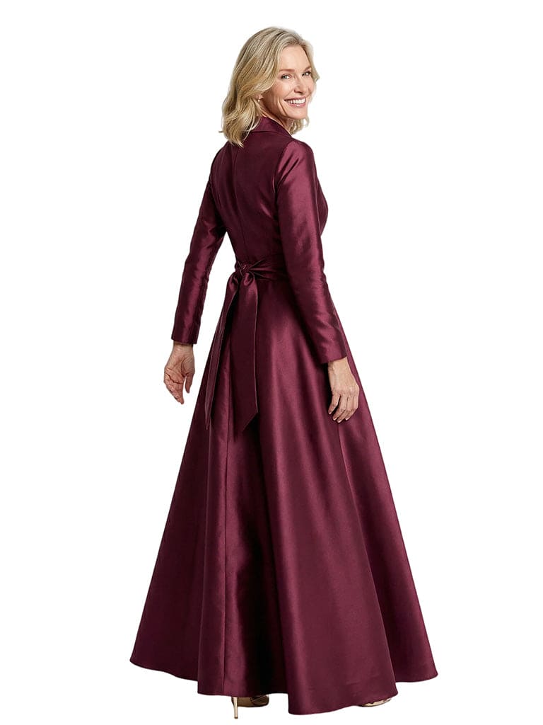 Classy V-Neck Long Sleeves Satin Mother of The Bride Dress With Sash Tie Waist