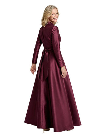 Classy V-Neck Long Sleeves Satin Mother of The Bride Dress With Sash Tie Waist