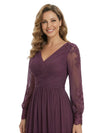 Classy V-Neck Long Sleeves A-Line Lace Appliques Chiffon Mother Of The Bride Dress