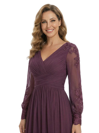 Classy V-Neck Long Sleeves A-Line Lace Appliques Chiffon Mother Of The Bride Dress