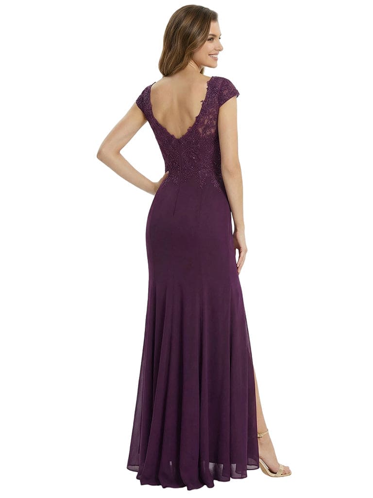 Chic Cap Sleeves Mermaid Lace Appliques Chiffon Mother Of The Bride Dress With Side Slit