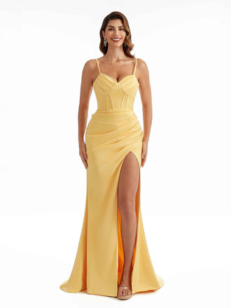 Sexy Side Split Stretchy Satin Spaghetti Straps Pleats Maxi Mermaid Bridesmaid Dresses