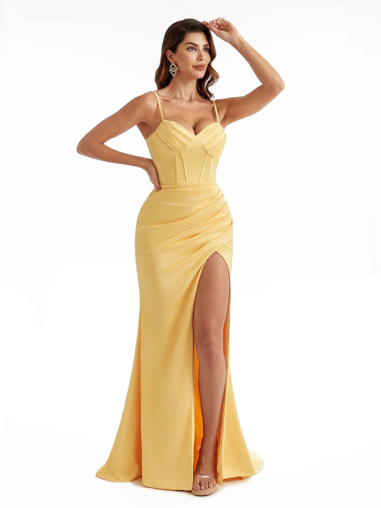 Sexy Side Split Stretchy Satin Spaghetti Straps Pleats Maxi Mermaid Bridesmaid Dresses