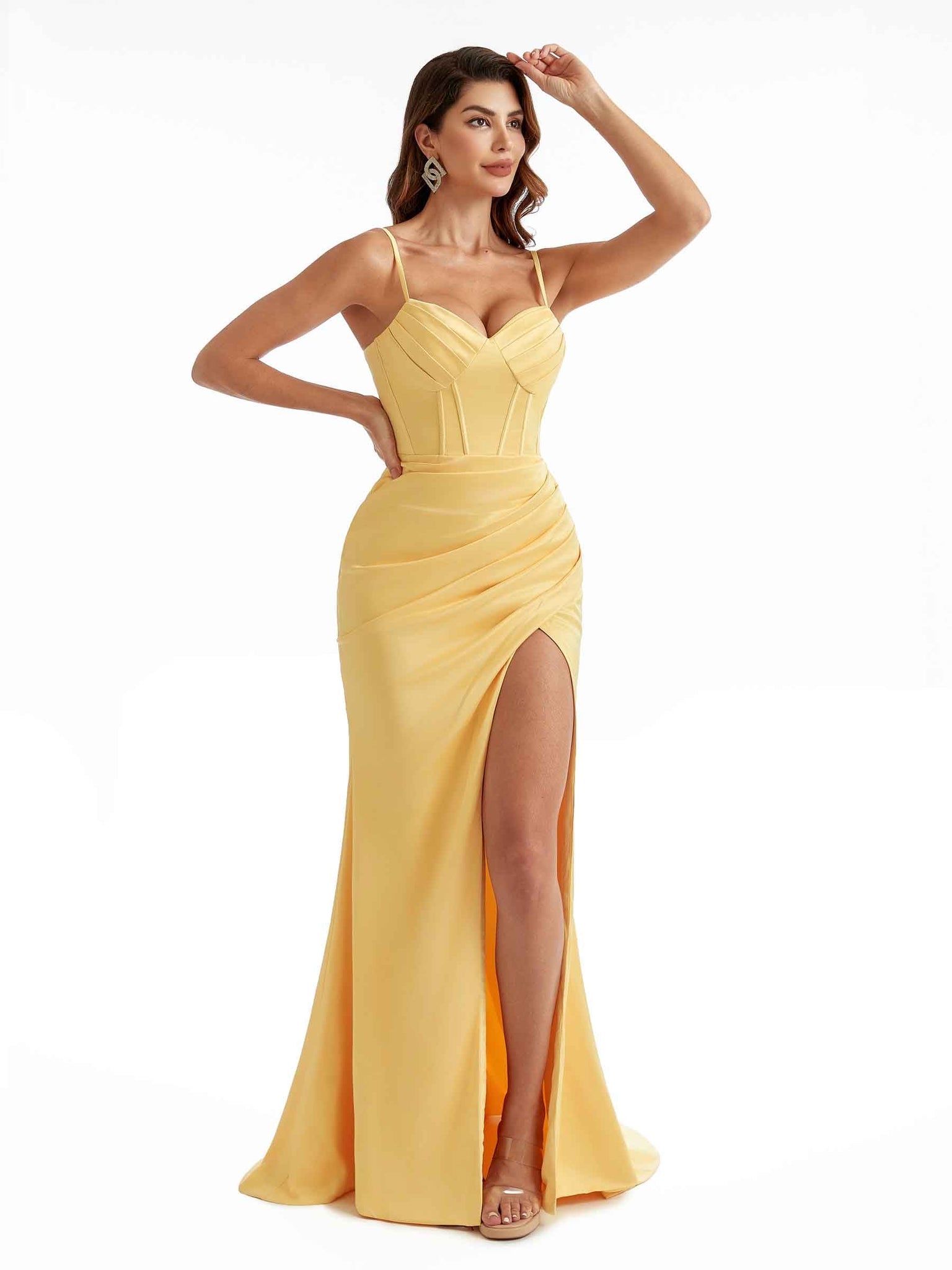 Stretch Satin Spaghetti Straps Ruched Maxi Mermaid Bridesmaid Dresses UK With Slit