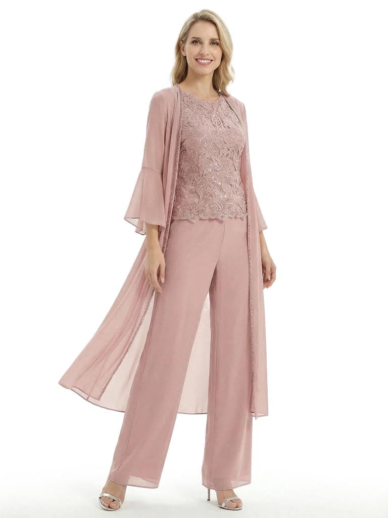 Mother Of The Groom PantSuit With Embroidered Lace Topper And Long Jacket