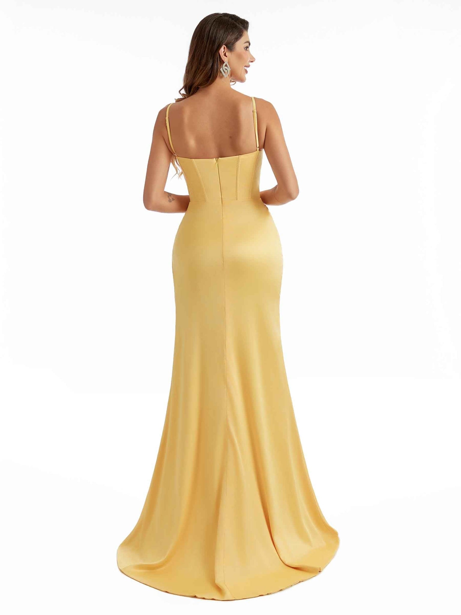 Stretch Satin Spaghetti Straps Ruched Maxi Mermaid Bridesmaid Dresses UK With Slit