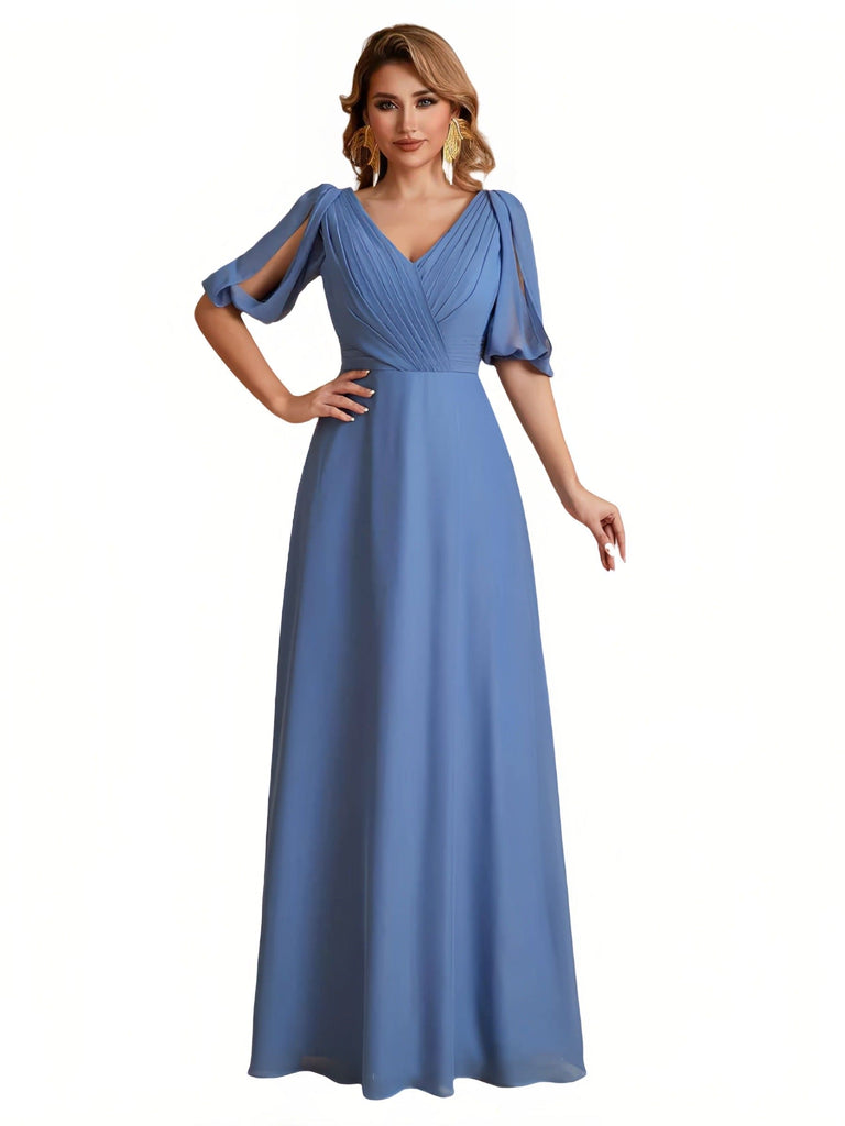 Elegant Chiffon Half Sleeves V-Neck Mother of the Brides Dresses UK Online