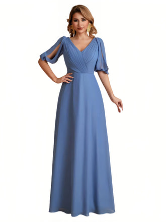 Elegant Chiffon Half Sleeves V-Neck Mother of the Brides Dresses UK Online