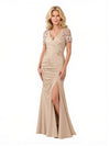 Women's Satin Lace Short Sleeves Side Slit Mermaid Ruched Floor-Length Mother of the Bride Dresses