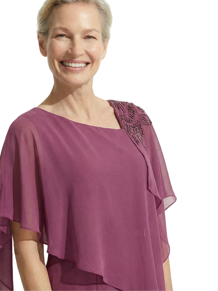 Modern Asymmetric Cape Sleeve Chiffon Mother of The Bride Dress Wedding Guest Outfit