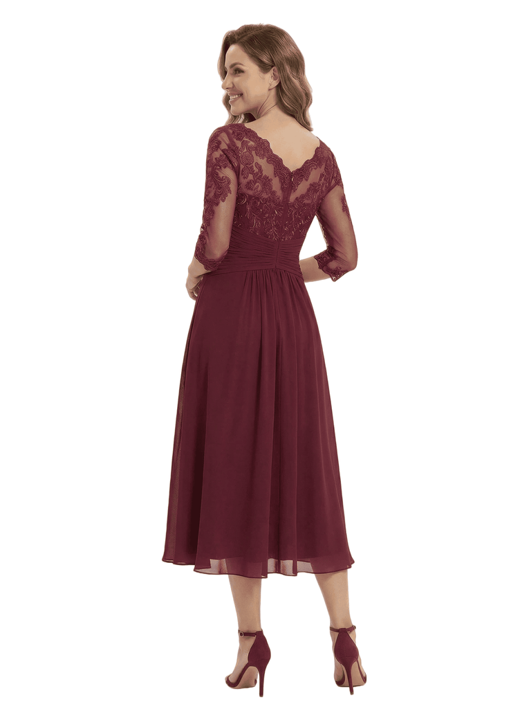 Pretty Scoop Neck Long Lace Chiffon Mother of The Groom Dress Tea-Length A-Line Gown with Ruffle